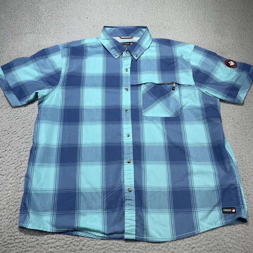 Canada Weathergear Shirt Mens XL Blue Plaid Short Sleeve Button Front Zip Pocket